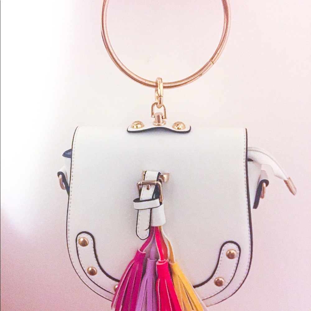 Ring Handle Faux White Leather Crossbody Bag